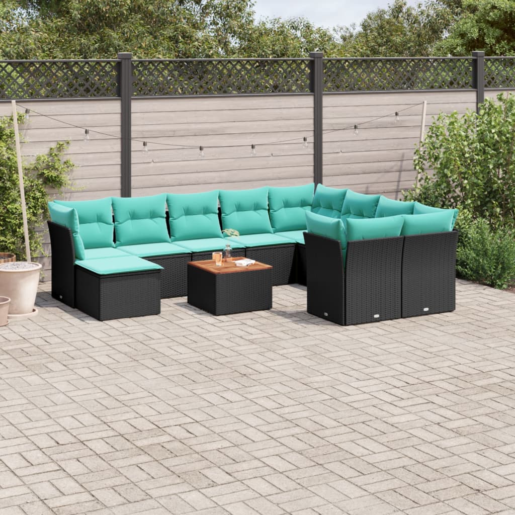 11 pcs conjunto sofás de jardim c/ almofadões vime PE preto