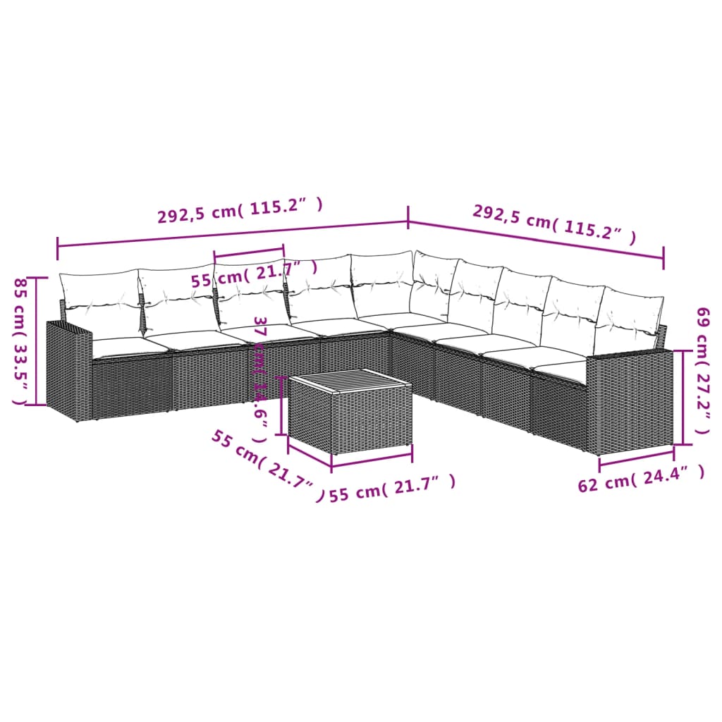 10 pcs conjunto de sofás p/ jardim com almofadões vime PE bege