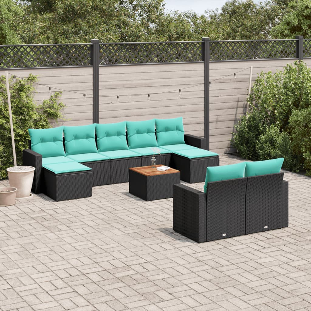 10 pcs conjunto de sofás p/ jardim c/ almofadões vime PE preto