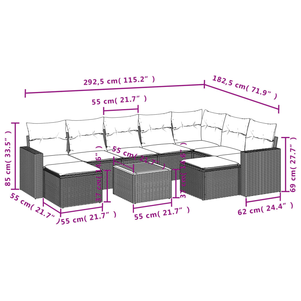 10 pcs conjunto de sofás p/ jardim c/ almofadões vime PE preto