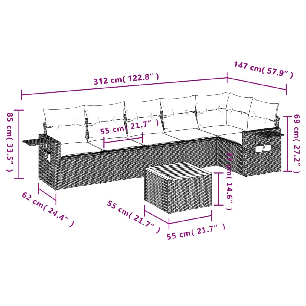 7 pcs conjunto sofás p/ jardim c/ almofadões vime PE cinzento