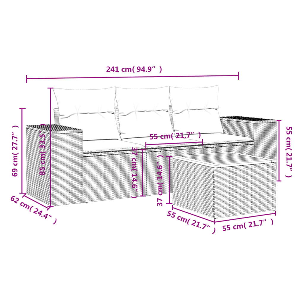 4 pcs conjunto sofás p/ jardim c/ almofadões vime PE cinzento