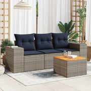 4 pcs conjunto sofás p/ jardim c/ almofadões vime PE cinzento