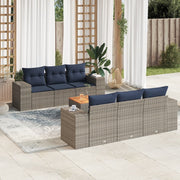 7 pcs conjunto sofás p/ jardim c/ almofadões vime PE cinzento