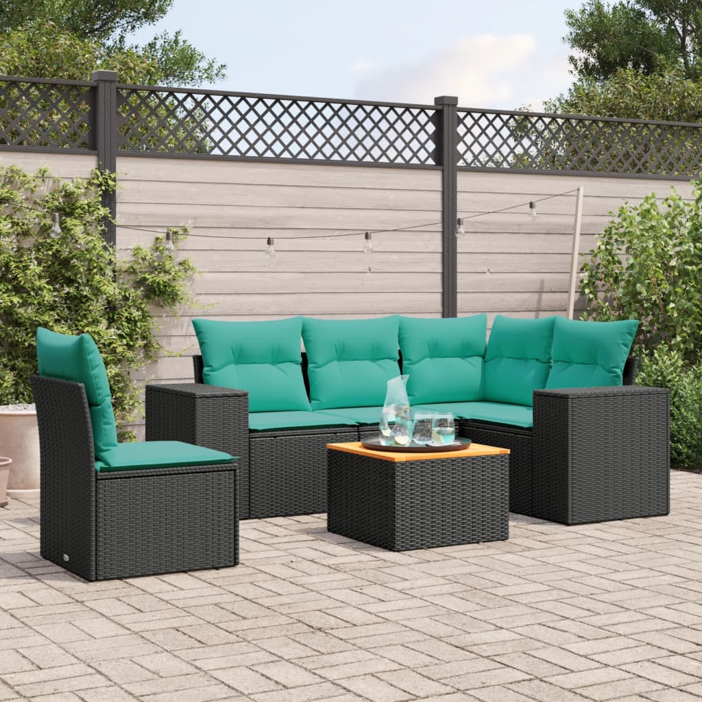 6 pcs conjunto de sofás p/ jardim c/ almofadões vime PE preto