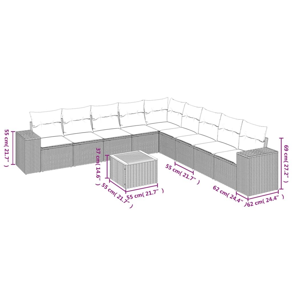 10 pcs conjunto de sofás p/ jardim c/ almofadões vime PE preto