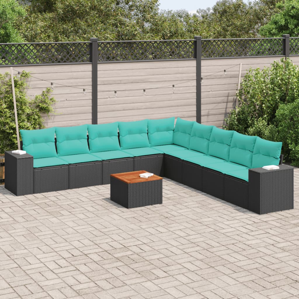 10 pcs conjunto de sofás p/ jardim c/ almofadões vime PE preto