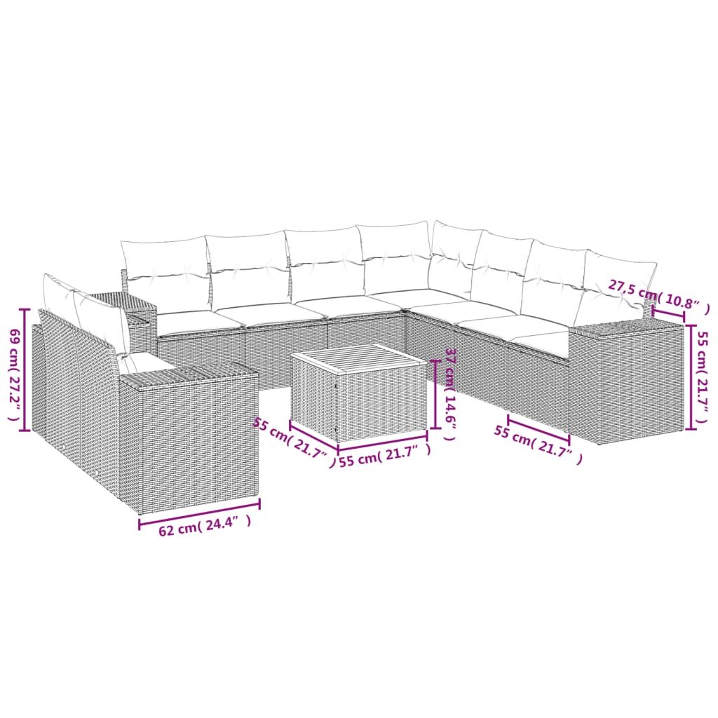 10 pcs conjunto de sofás p/ jardim c/ almofadões vime PE preto