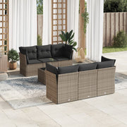 7 pcs conjunto sofás p/ jardim c/ almofadões vime PE cinzento