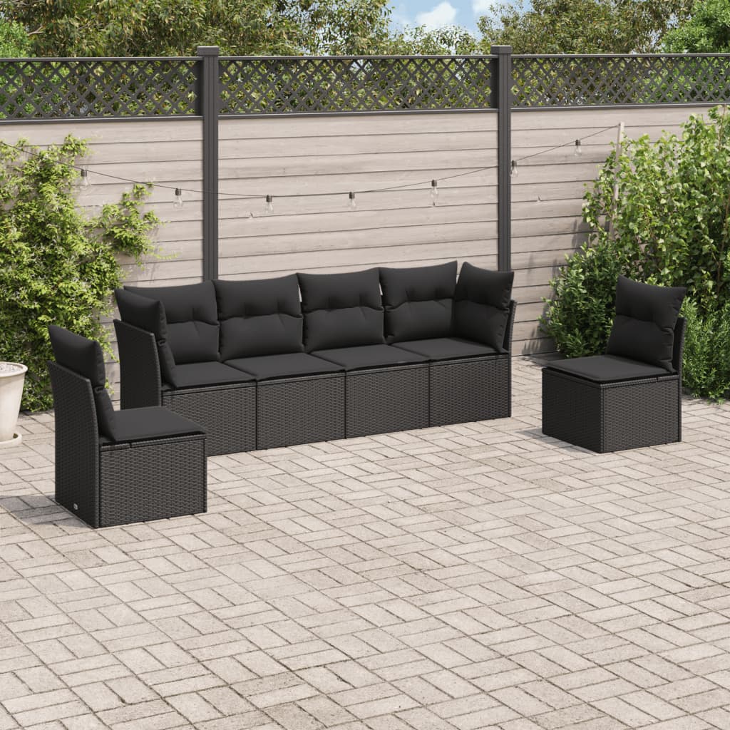 6 pcs conjunto sofás de jardim c/ almofadões vime PE preto