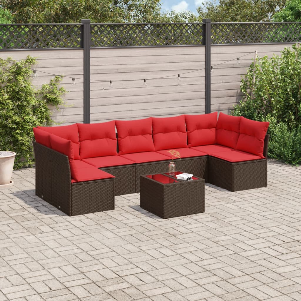 8 pcs conjunto sofás de jardim c/ almofadões vime PE castanho