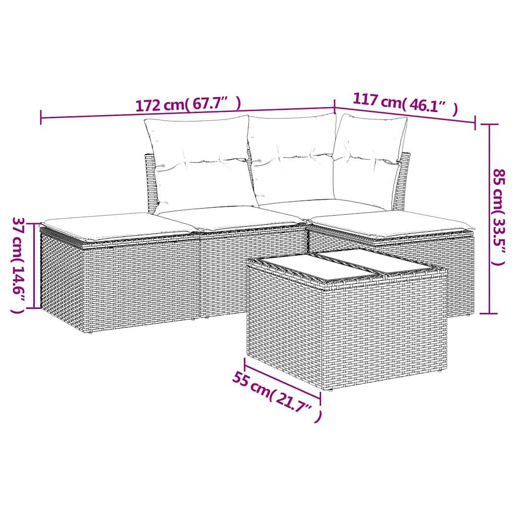 5 pcs conj. sofás jardim c/ almofadões vime PE cinzento-claro