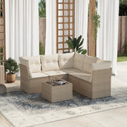 6 pcs conjunto de sofás p/ jardim com almofadões vime PE bege