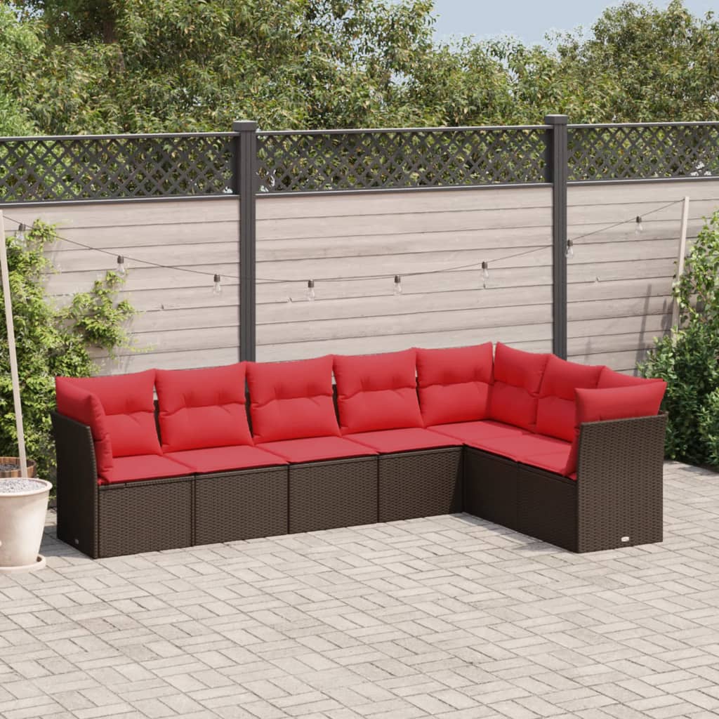 7 pcs conjunto de sofás jardim c/ almofadões vime PE castanho