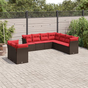 9 pcs conjunto sofás p/ jardim c/ almofadões vime PE castanho