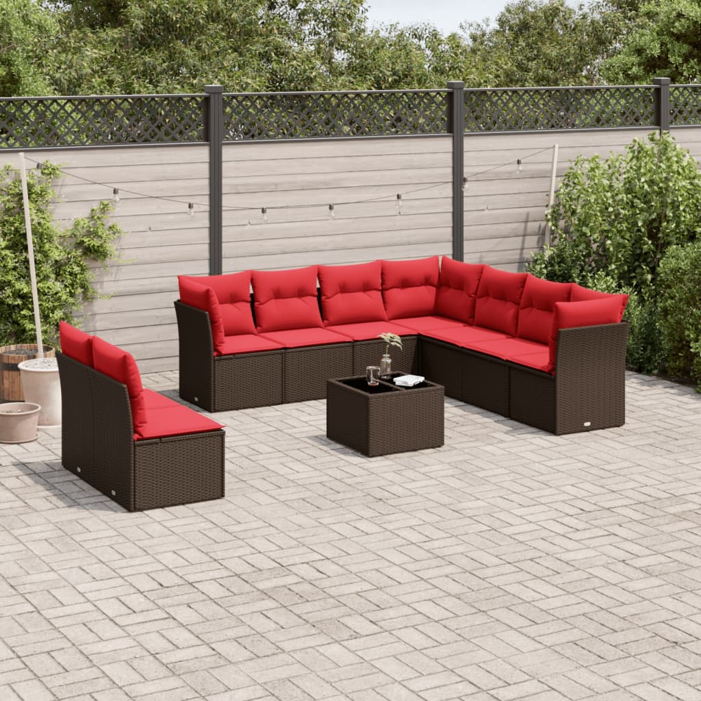 10 pcs conj. sofás jardim com almofadões vime PE castanho