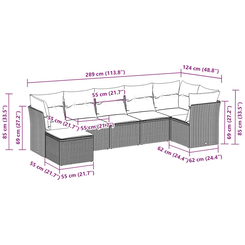 7 pcs conj. sofás jardim com almofadões vime PE cinzento-claro