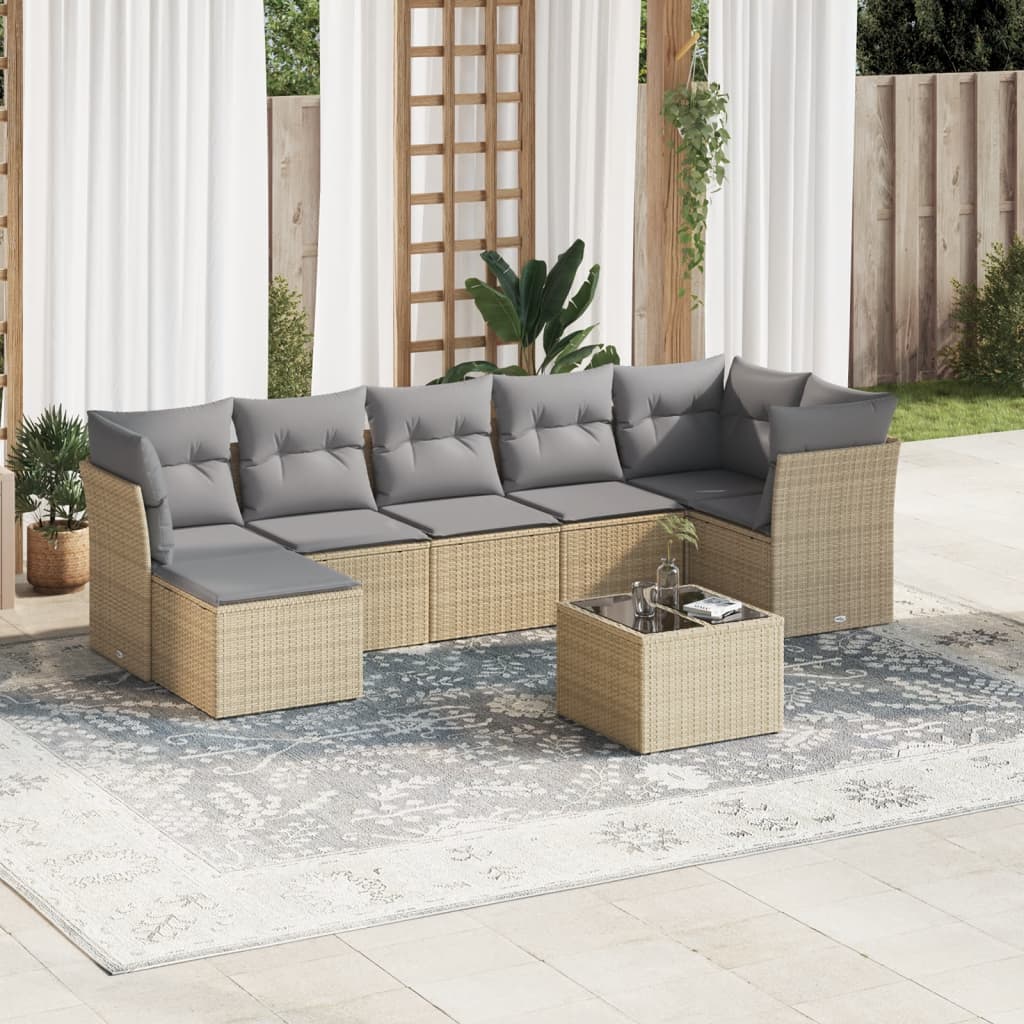 8 pcs conjunto de sofás p/ jardim com almofadões vime PE bege