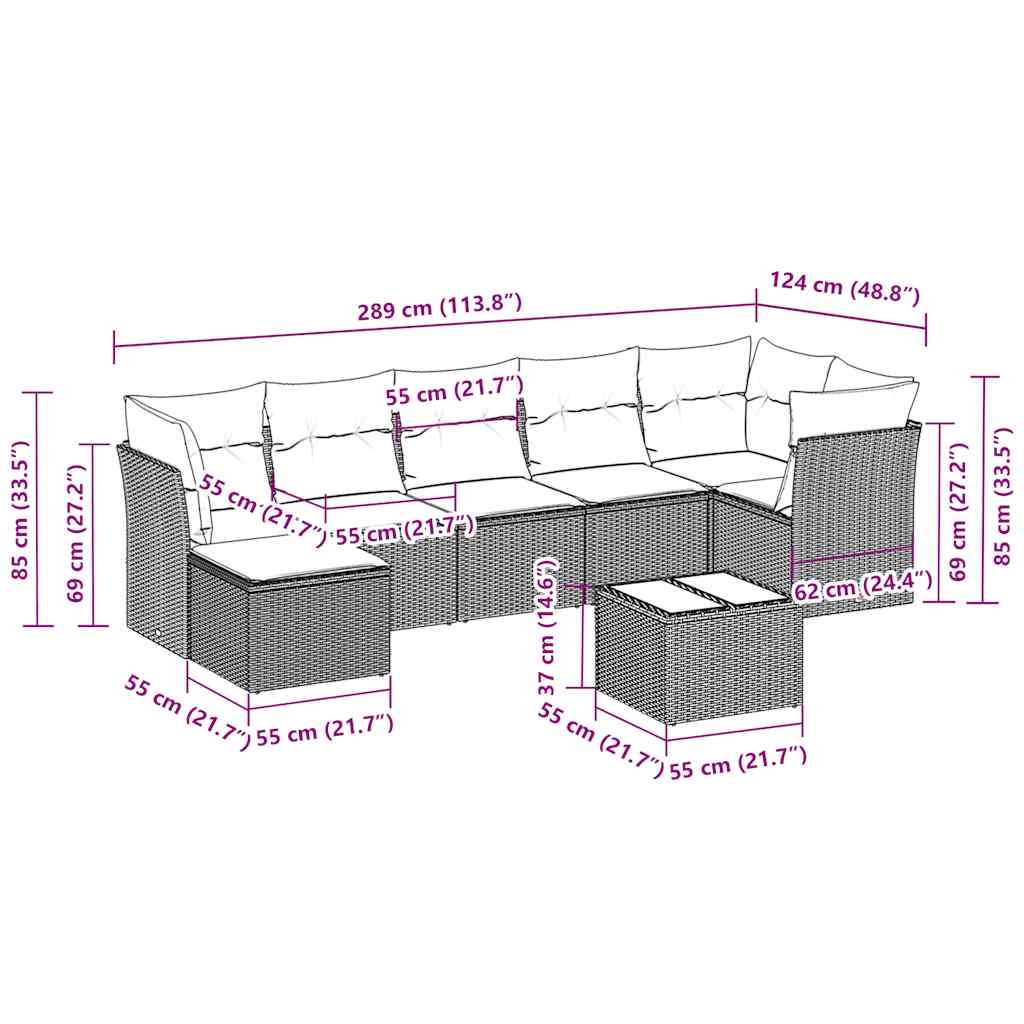 8 pcs conj. sofás jardim c/ almofadões vime PE cinzento-claro