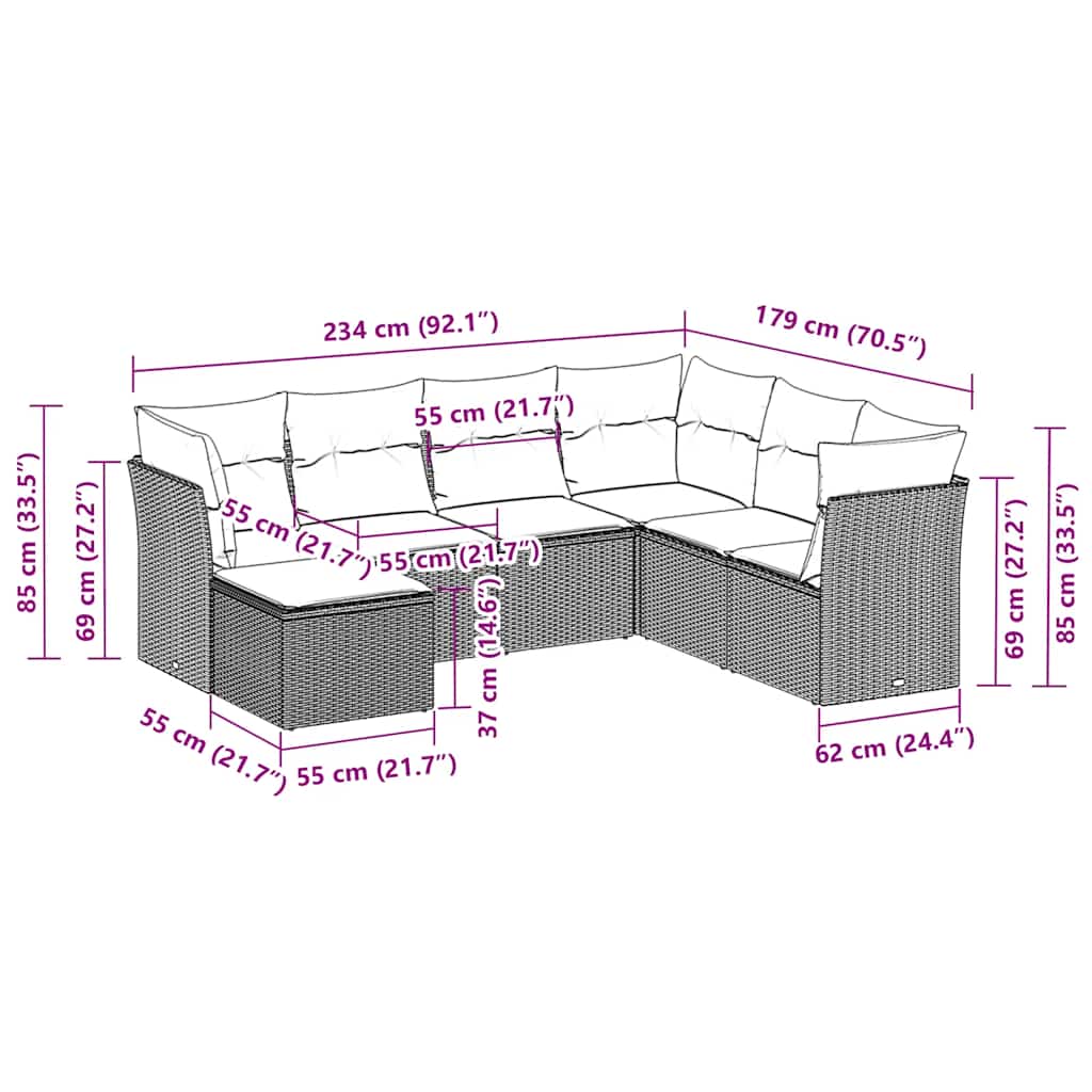 7 pcs conjunto de sofás p/ jardim c/ almofadões vime PE preto