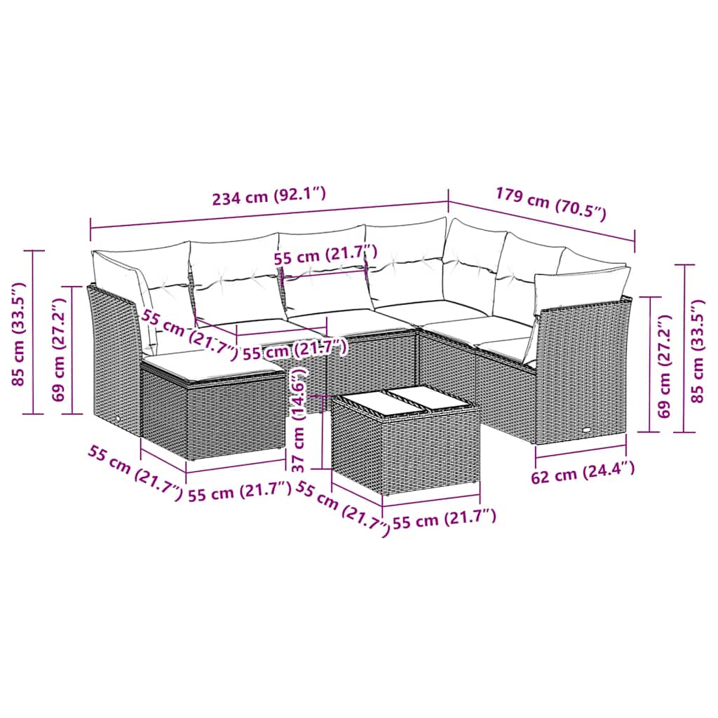 8 pcs conjunto sofás de jardim com almofadões vime PE preto