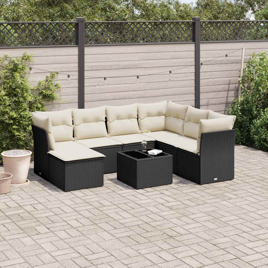 8 pcs conjunto sofás de jardim com almofadões vime PE preto