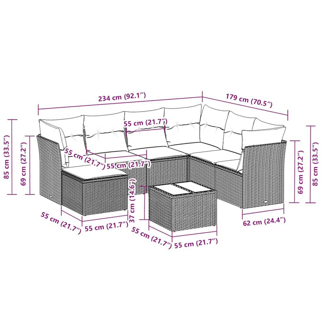 8 pcs conj. sofás jardim c/ almofadões vime PE cinzento-claro
