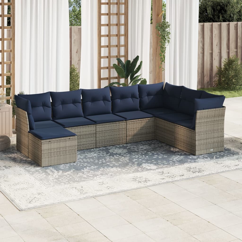 8 pcs conjunto sofás p/ jardim c/ almofadões vime PE cinzento