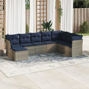 8 pcs conjunto sofás p/ jardim c/ almofadões vime PE cinzento