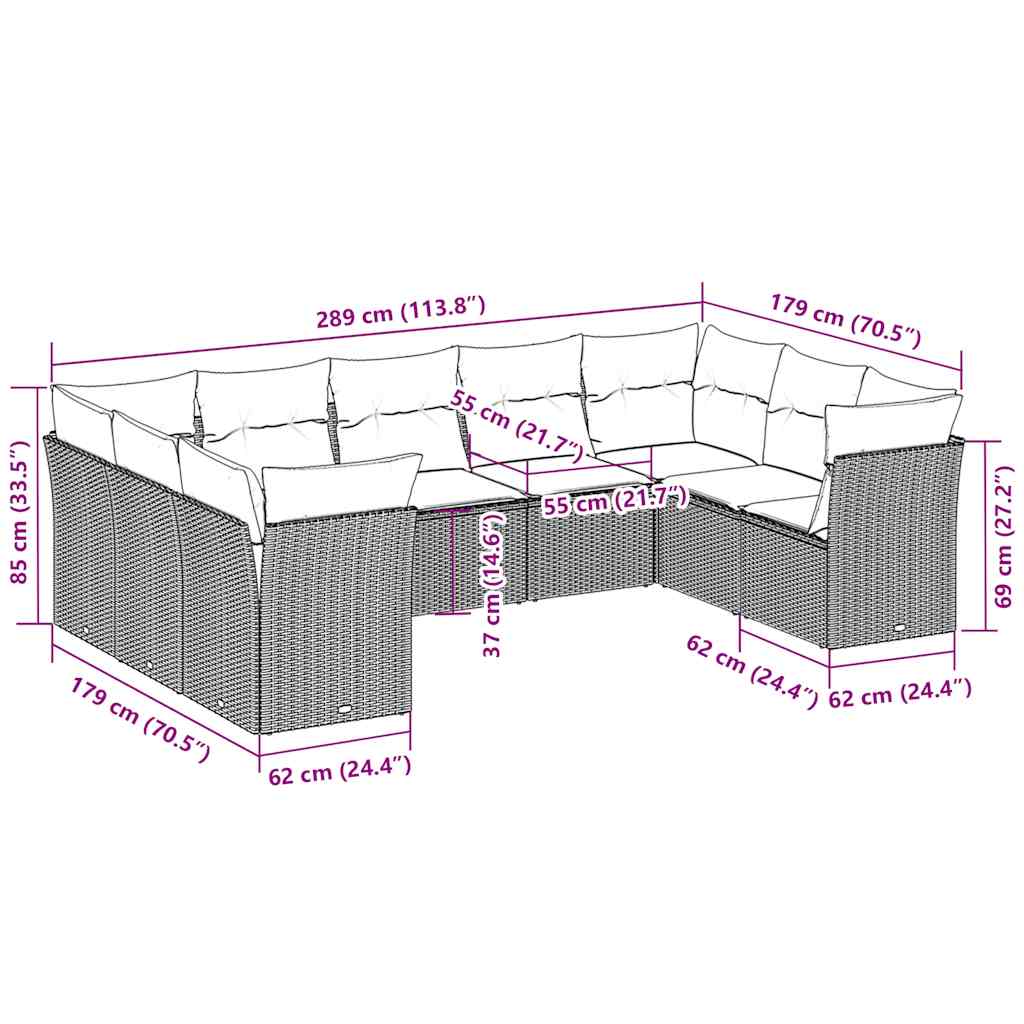 9 pcs conj. sofás jardim com almofadões vime PE cinzento-claro