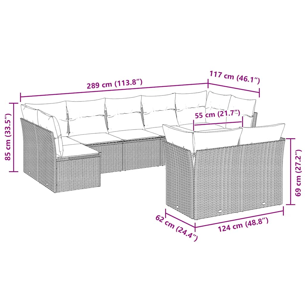 9 pcs conj. sofás jardim com almofadões vime PE cinzento-claro
