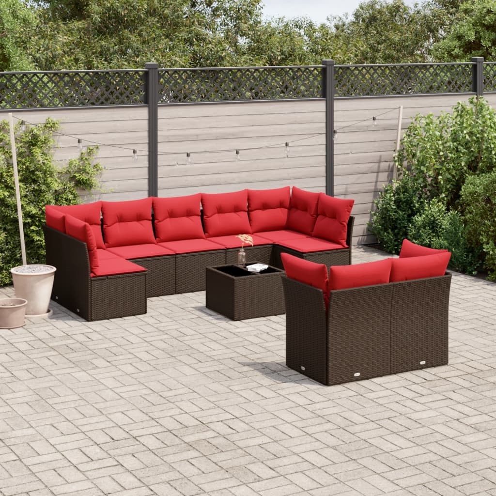 10 pcs conj. sofás jardim com almofadões vime PE castanho