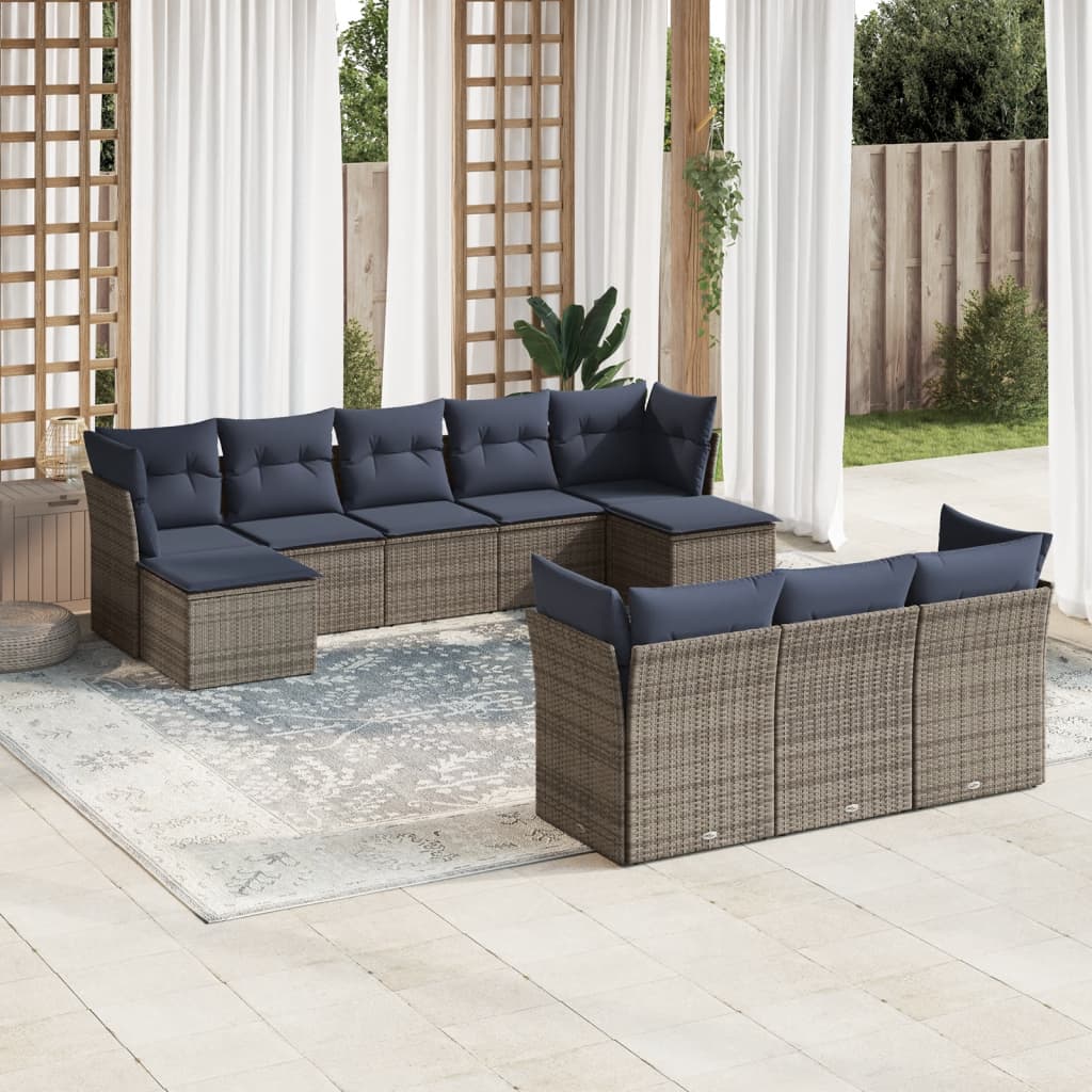 10 pcs conjunto sofás p/ jardim c/ almofadões vime PE cinzento