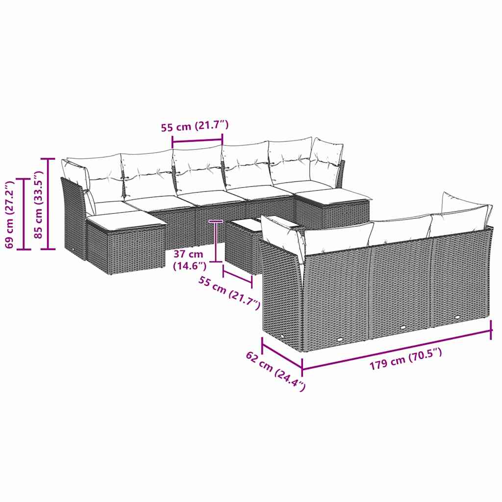 11 pcs conjunto sofás de jardim c/ almofadões vime PE cinzento