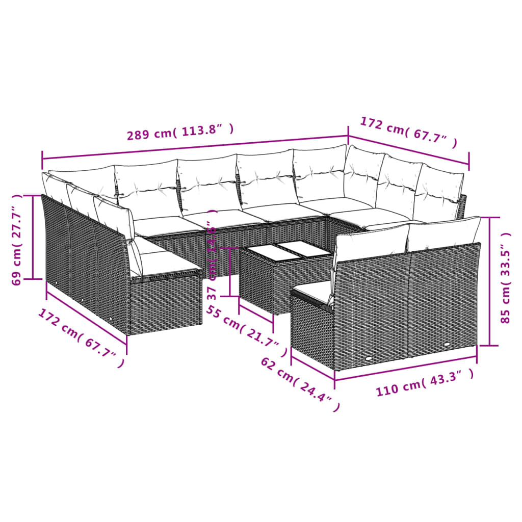 12 pcs conjunto de sofás jardim c/ almofadões vime PE cinzento