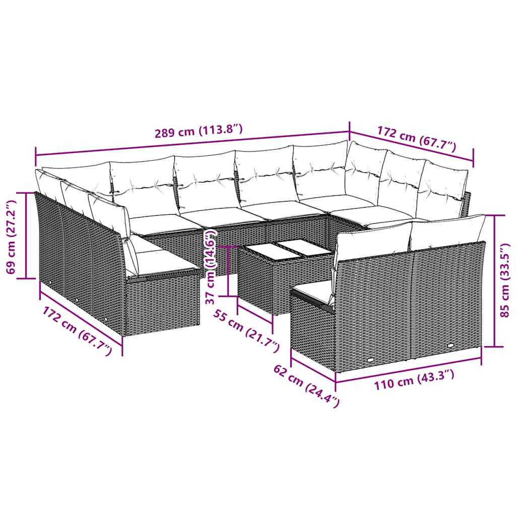 12 pcs conj. sofás jardim com almofadões vime PE cinzento-claro