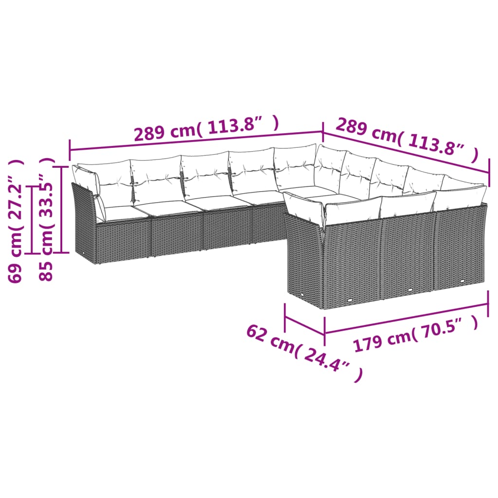 11 pcs conjunto sofás de jardim c/ almofadões vime PE cinzento