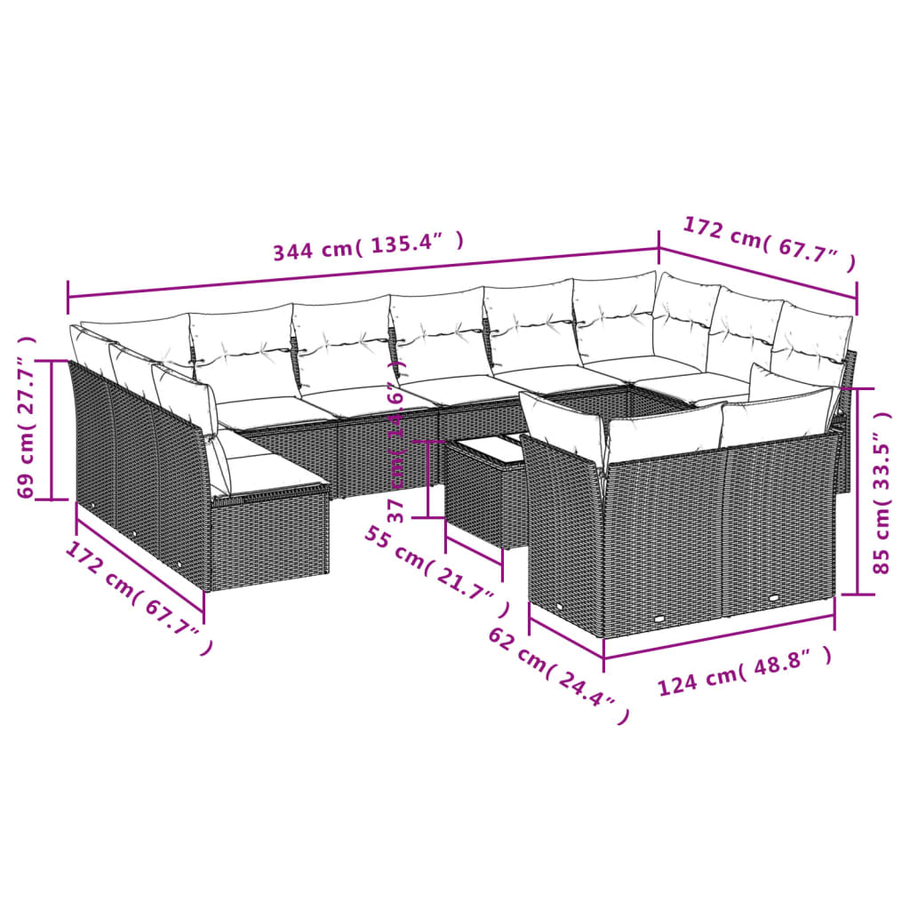 13 pcs conjunto sofás p/ jardim c/ almofadões vime PE cinzento