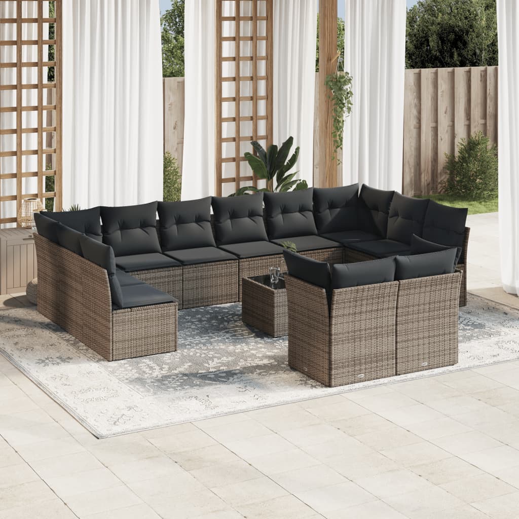 13 pcs conjunto sofás p/ jardim c/ almofadões vime PE cinzento