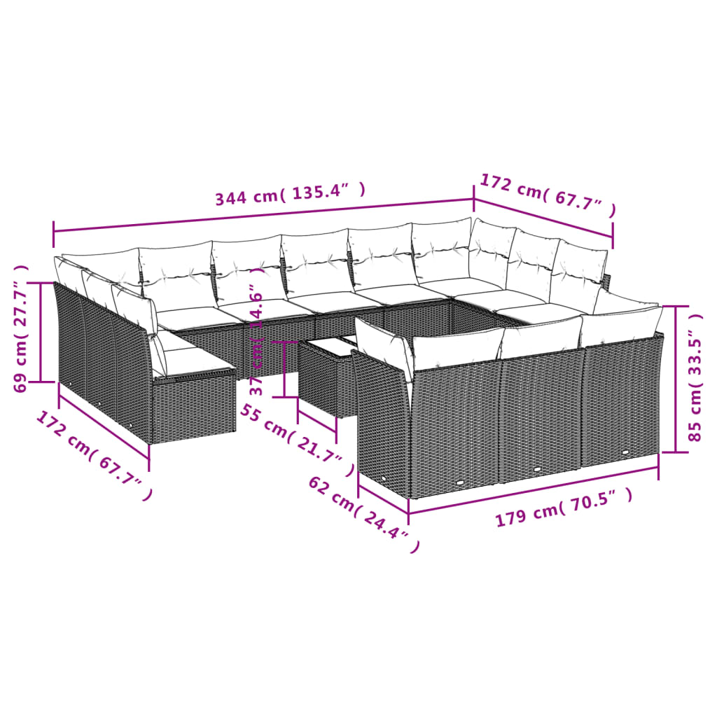 14 pcs conjunto de sofás p/ jardim com almofadões vime PE bege