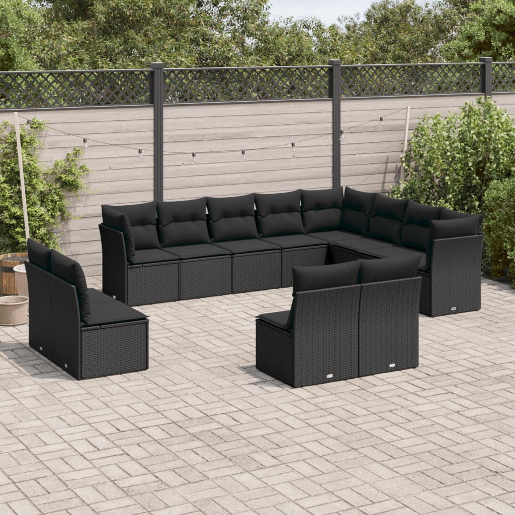 12 pcs conjunto de sofás de jardim c/ almofadões vime PE preto