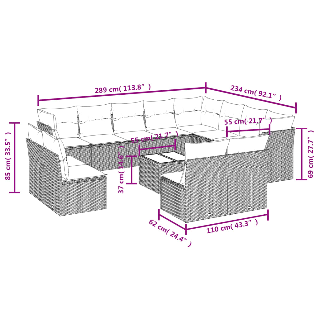 13 pcs conjunto sofás p/ jardim c/ almofadões vime PE cinzento
