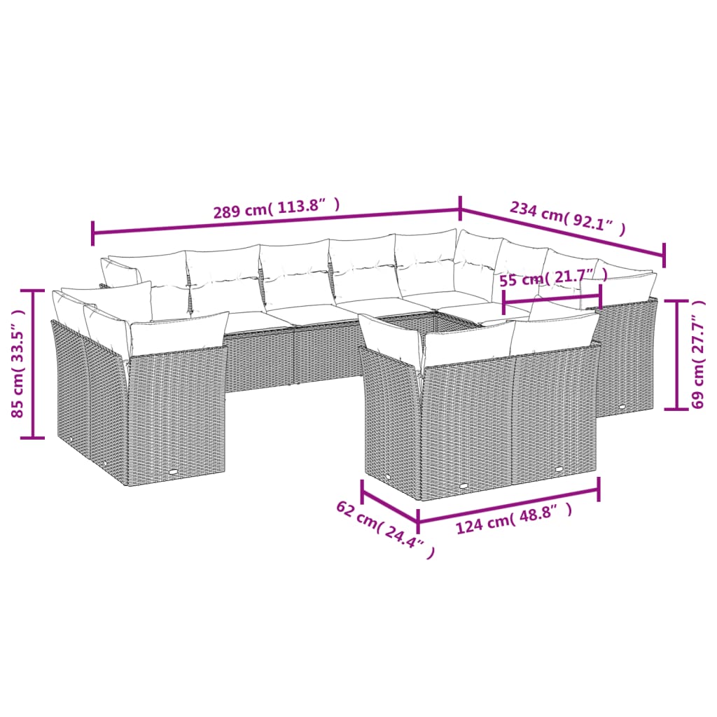 12 pcs conjunto de sofás jardim com almofadões vime PE castanho