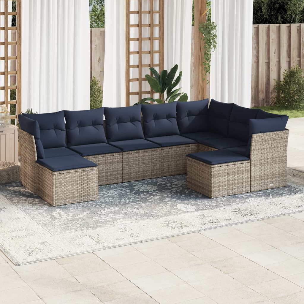 9 pcs conjunto sofás p/ jardim c/ almofadões vime PE cinzento