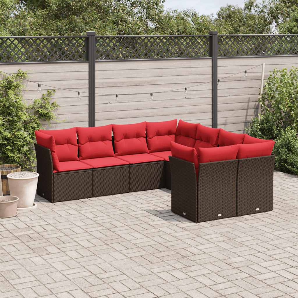 8 pcs conjunto sofás de jardim c/ almofadões vime PE castanho