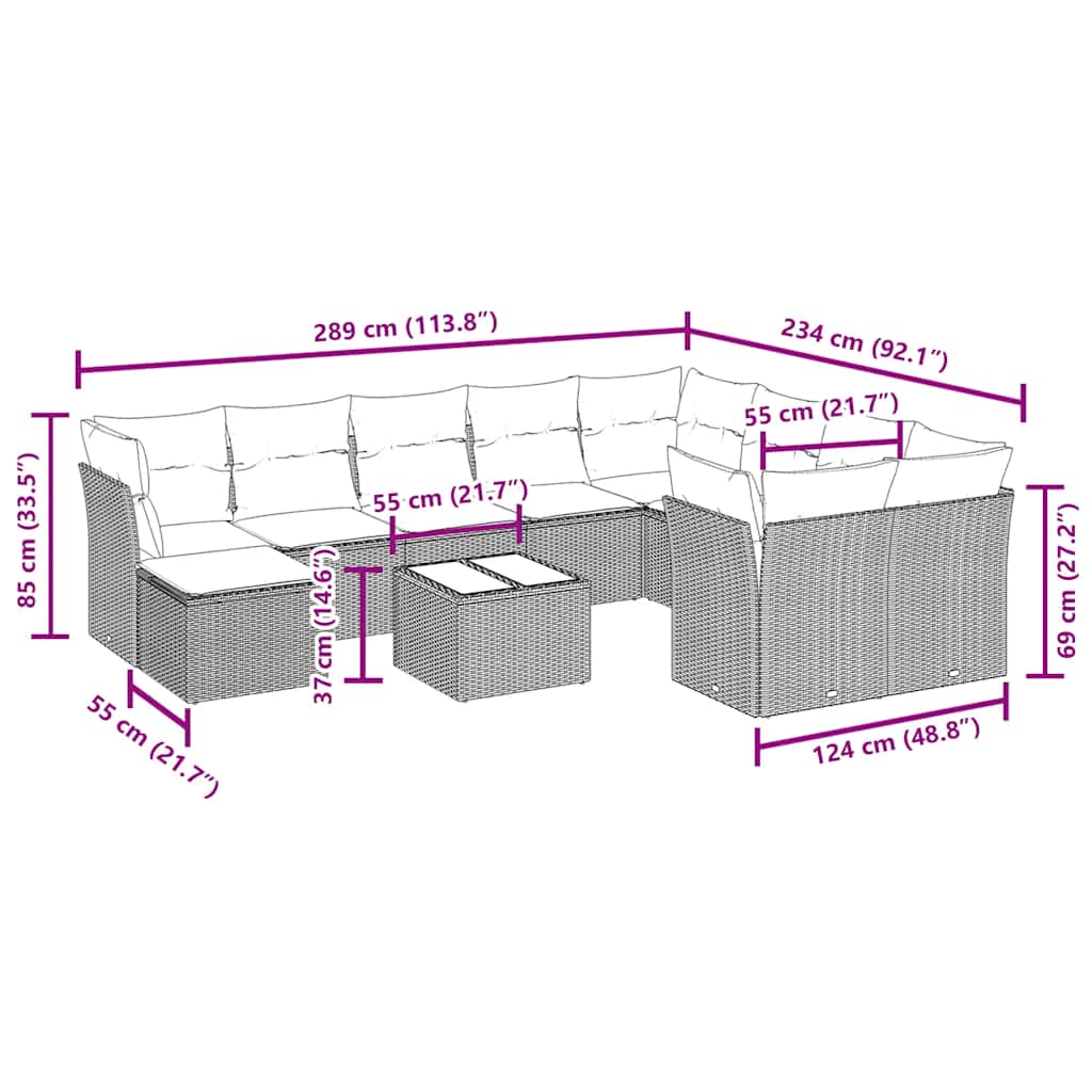 11 pcs conjunto sofás de jardim c/ almofadões vime PE preto