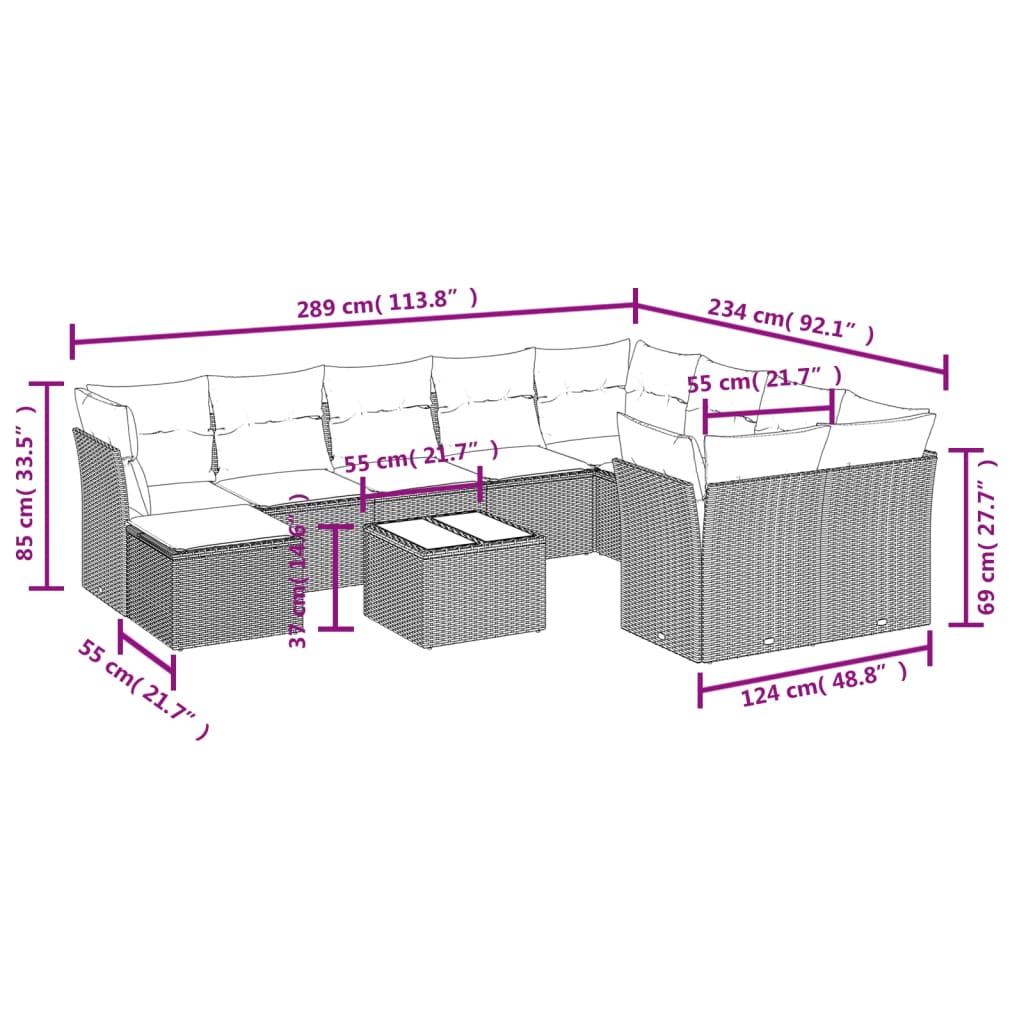 11 pcs conjunto sofás de jardim c/ almofadões vime PE bege
