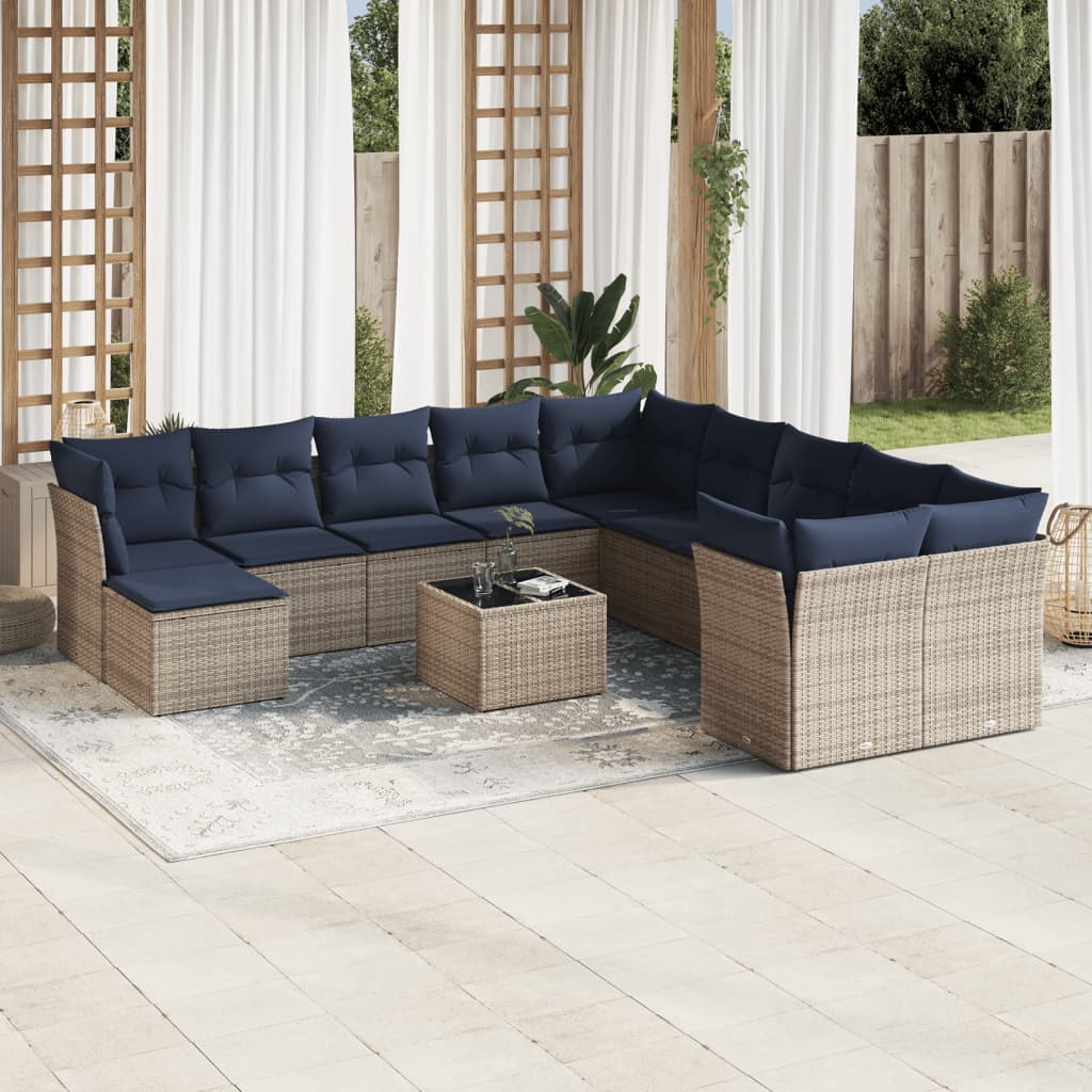 12 pcs conjunto sofás p/ jardim c/ almofadões vime PE cinzento