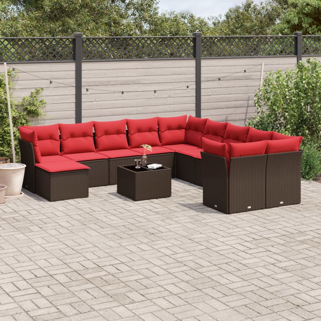 12 pcs conjunto de sofás jardim com almofadões vime PE castanho