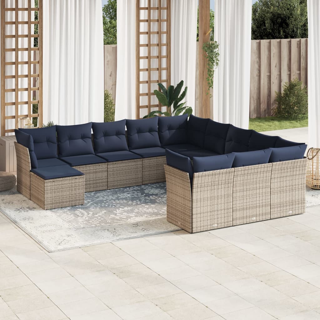 12 pcs conjunto sofás p/ jardim c/ almofadões vime PE cinzento